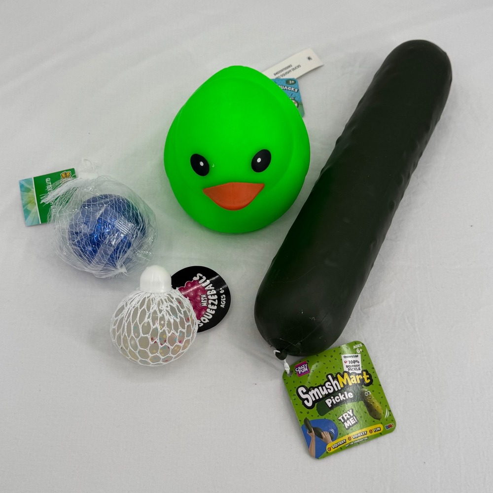 Squishy Fidget Toy Bundle SmushMart Pickle Green Duck Mesh Squeeze Ball 4pc Set